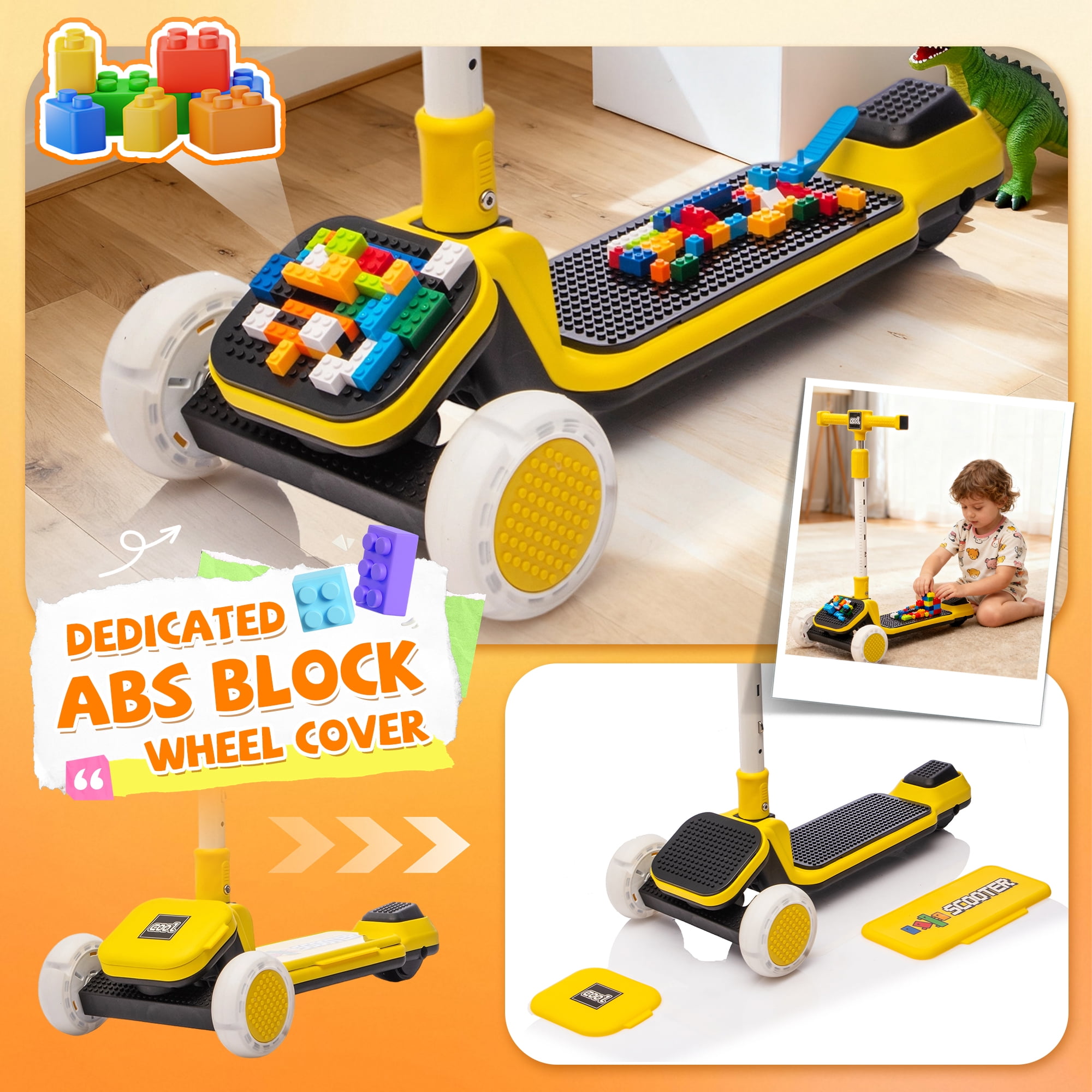 3-Wheel Kids Scooter with Buildable Blocks, PU Flashing Wheels, Folding Kick Scooter - Thickened Aluminum Tube, 5-Position Height-Adjustable Handlebar, One-Touch Footbrake, for 3-9 Years Old