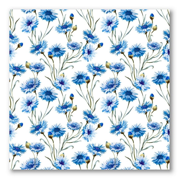 Blue Cornflowers With Green Leaves On White II 30 in x 30 in Painting Canvas Art Print, by Designart