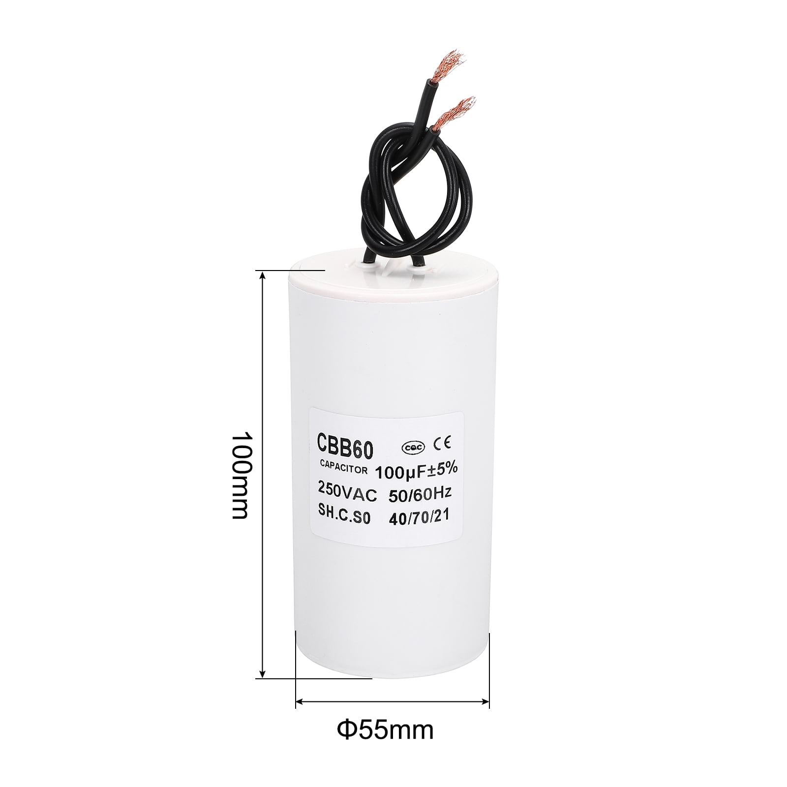 CBB60 100uf Running Capacitor,1Pcs AC 250V 2 Wires 50/60Hz Cylinder White 100x55mm for Water Pumps, Washing Machines Motor Start