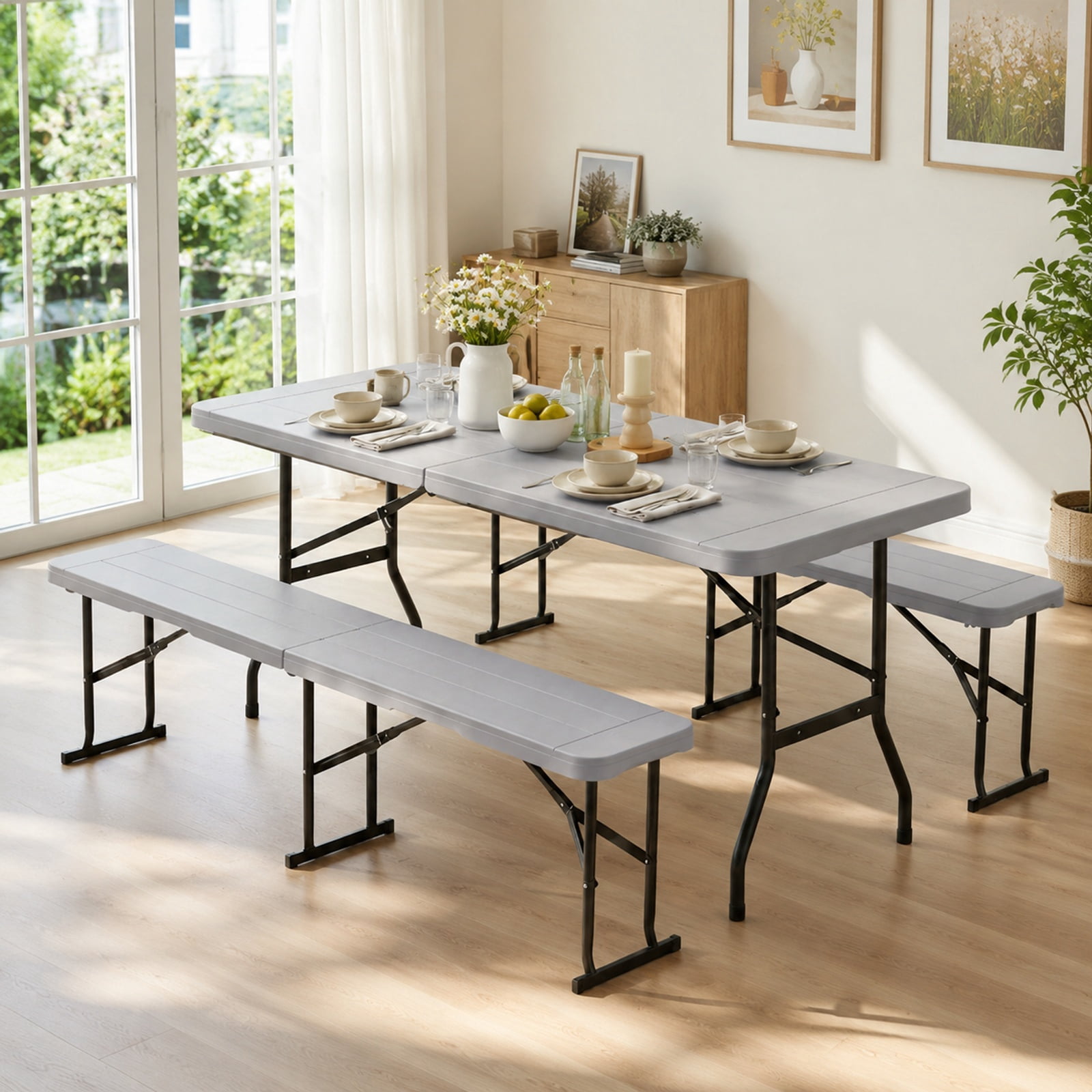 Biotree 6 Feet Folding Bench Portable Seat for Backyard Party 17" x 72" for Picnic Camping Dining, Gray