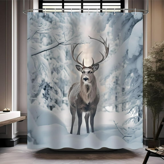 Winter Forest Deer Shower Curtain Snow Covered Forest Wild Animal Moose Snow Tree Wildlife Ldyllic Bathroom Decor Curtains Polyester Fabric with 12 Hook 72 X 72 inch