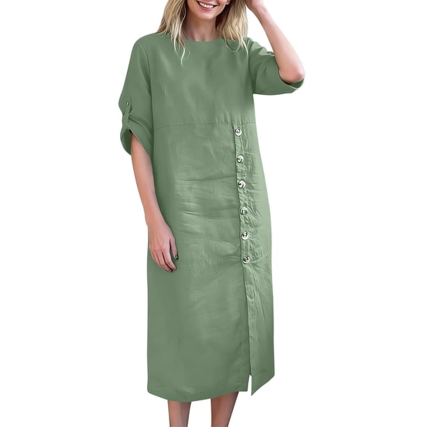 Largo Vestido de Verano Fluido con Botones, Ropa de Color Sólido, Longitud de Rodilla, Vestido Fluido Suelto para Mujeres con Bolsillos