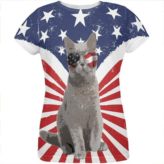 4th Of July Meowica America Patriot Cat All Over Womens T Shirt Multi MD