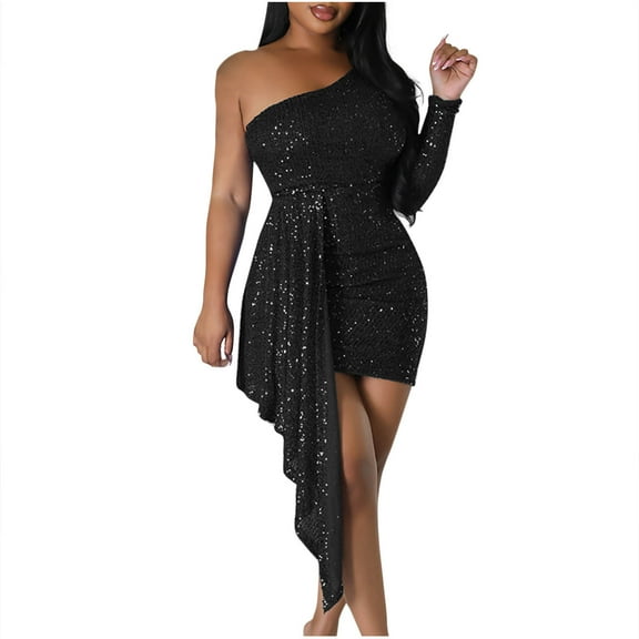 Alkepwun One Shoulder Dresses for Women Sequins Long Sleeve Sexy Club Night Mini Dress Hip-Hugging Ribbon Detail Stretch Evening Dress