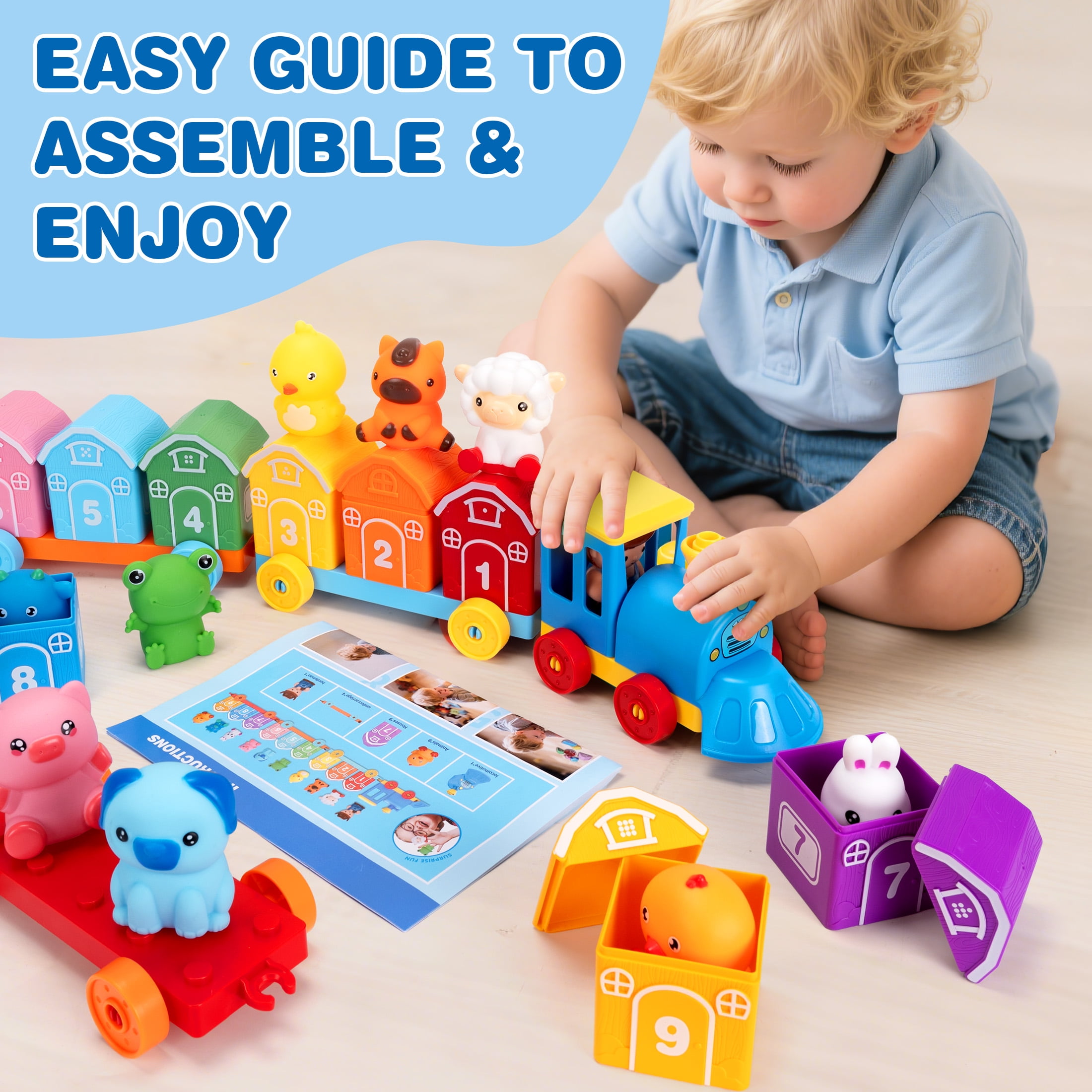 QIAHO Montessori Toys for Toddlers, 20 Pcs Counting, Matching, Sorting Preschool Learning Toy Train Set with Train, Barns and Finger Puppets Birthday Gift for Baby Boys Girls