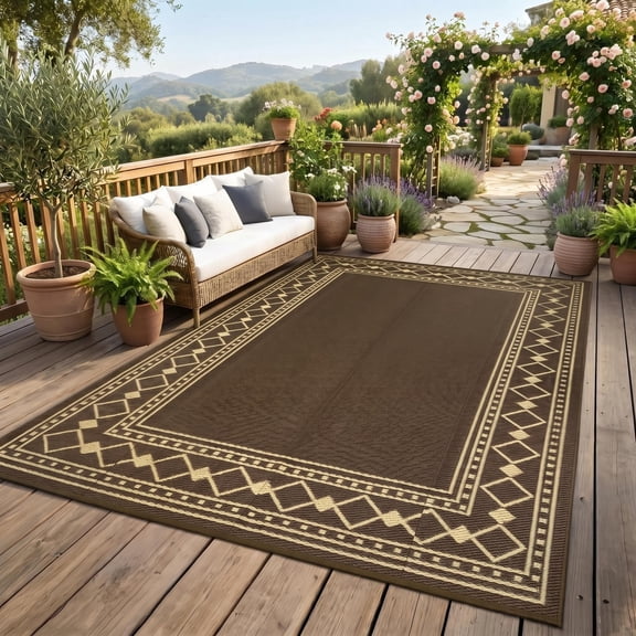 Outdoor Rug 9x18 Waterproof for Patio, Large Plastic Straw Mat for Camping, Porch, RV, Reversible Rugs for Deck Entryance Picnic Balcony Beach,Brown/Coffee
