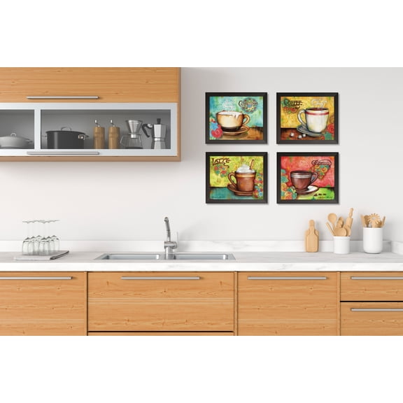 Gango Home Decor Colorful Coffee Cup Kitchen Wall Art; Four Multi-Color 10x8in Art Prints in Black Frames