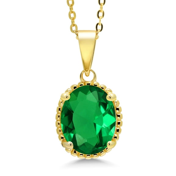 Gem Stone King 18K Yellow Gold Plated Silver Green Nano Emerald Pendant Necklace for Women (3.63 Cttw, Oval 11X9MM, Gemstone May Birthstone, with 18 inch Silver Chain)
