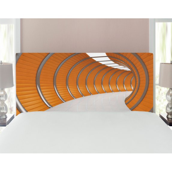 Modern Headboard, Pattern of Modern Long Corridor Contemporary Geometric Structure Tunnel Picture, Upholstered Decorative Metal Bed Headboard with Memory Foam, Full Size, Orange Grey, by Ambesonne