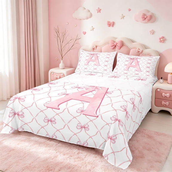 Manfei Monogrammed A Bed Sheets Twin,Ribbon Bowknot Bedding Twin Size,Pink White Sheet Set Twin,Microfiber Room Decorative,3 Pieces