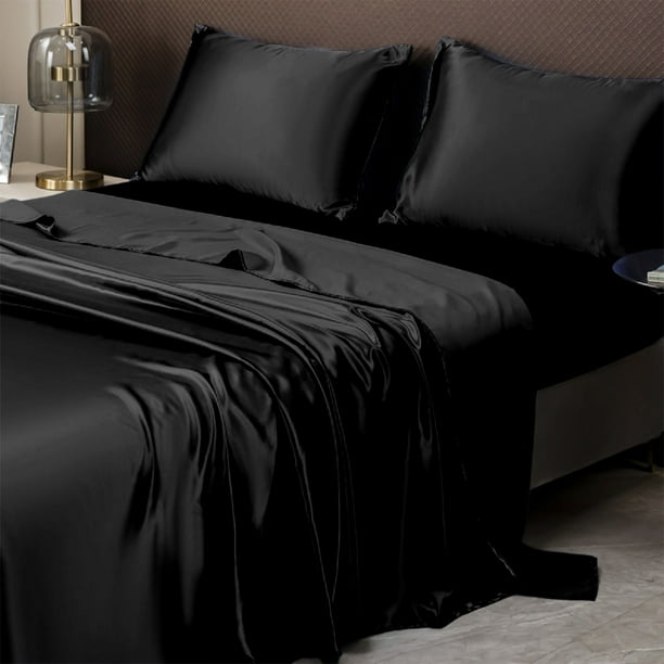 HTOOQ Ensemble de Draps en Satin 4 Pcs Taille Très Grand Ultra Doux Noir avec Poches Profondes, 1 Drap-Housse, 1 Drap Plat, 2 Taies d'Oreiller à Fermeture Enveloppe