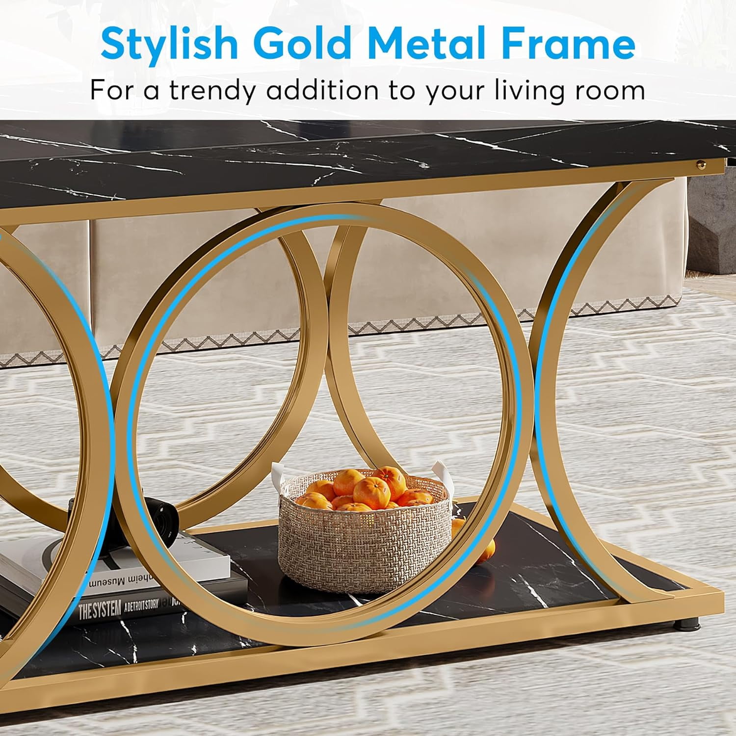 Tribesigns 47.24-inch Rectangle Coffee Table, 2-Tier Faux Marble Coffee Tables for Living Room, Black Gold