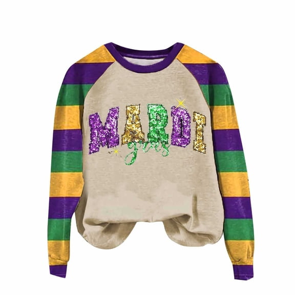 Sexlip Womens Long Sleeve Sweatshirt Mardi Gras Letter Print Design Contrast Sleeve Soft Fabric Comfortable Silhouette for Casual Occasions Yellow L