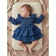 thumbnail image 6 of BemeyourBBs Newborn Baby Girl Denim Romper Dress Outfits Jeans Smocked Dress Cute Girls Spring Summer Clothes Casual Long Sleeve Bodysuit Bow Headband 2 Pcs Set, 6 of 8