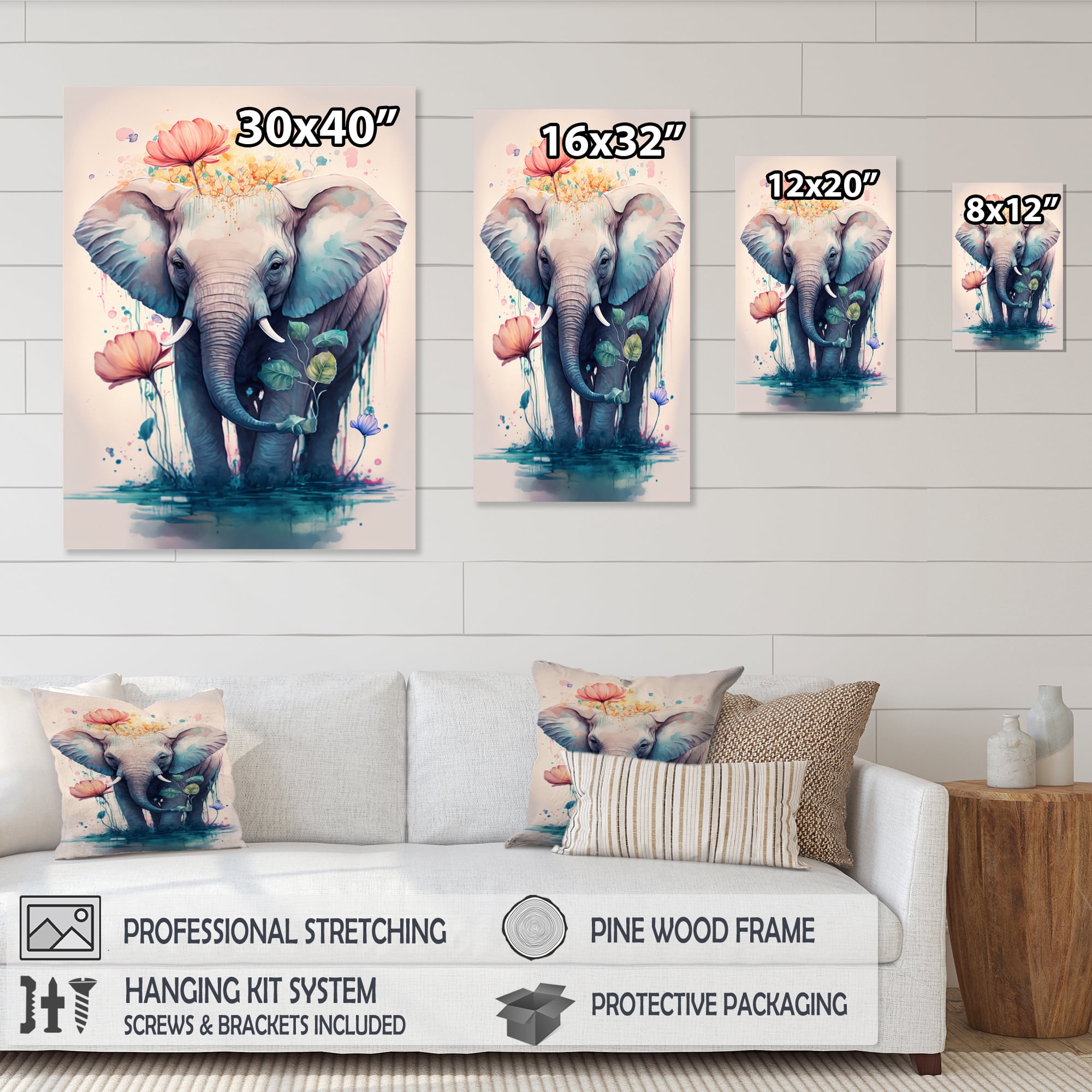 Designart Cute Elefant Floral Art II Canvas Wall Art