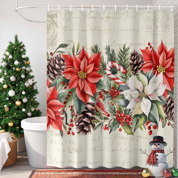 Red White Flowers Shower Curtain, 36" x 72", Pine Cone Winter Snowflakes Christmas Vintage Letter Waterproof Bathroom Curtain Washable Shower Curtain Set with 12 Hooks