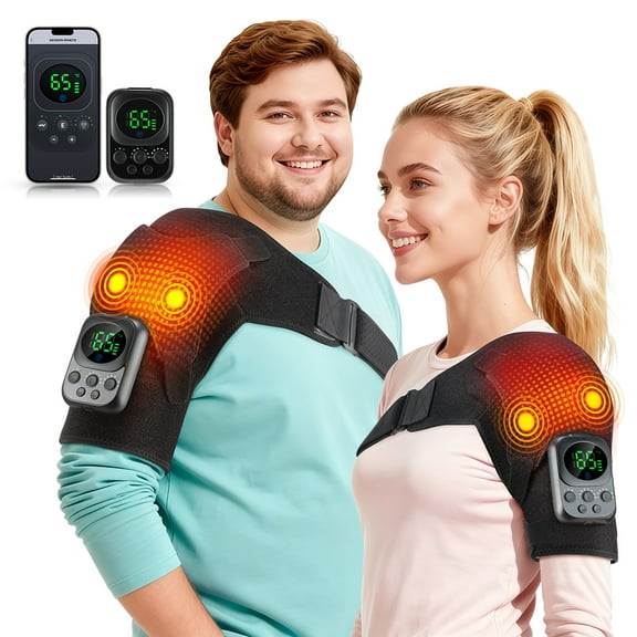 Heated Shoulder Brace, 6 Heat Settings Heating Pad for Shoulder, 5000mAh Battery Powered and Mobile App Remote Control, Heated Shoulder Wrap with Vibration for Women Men