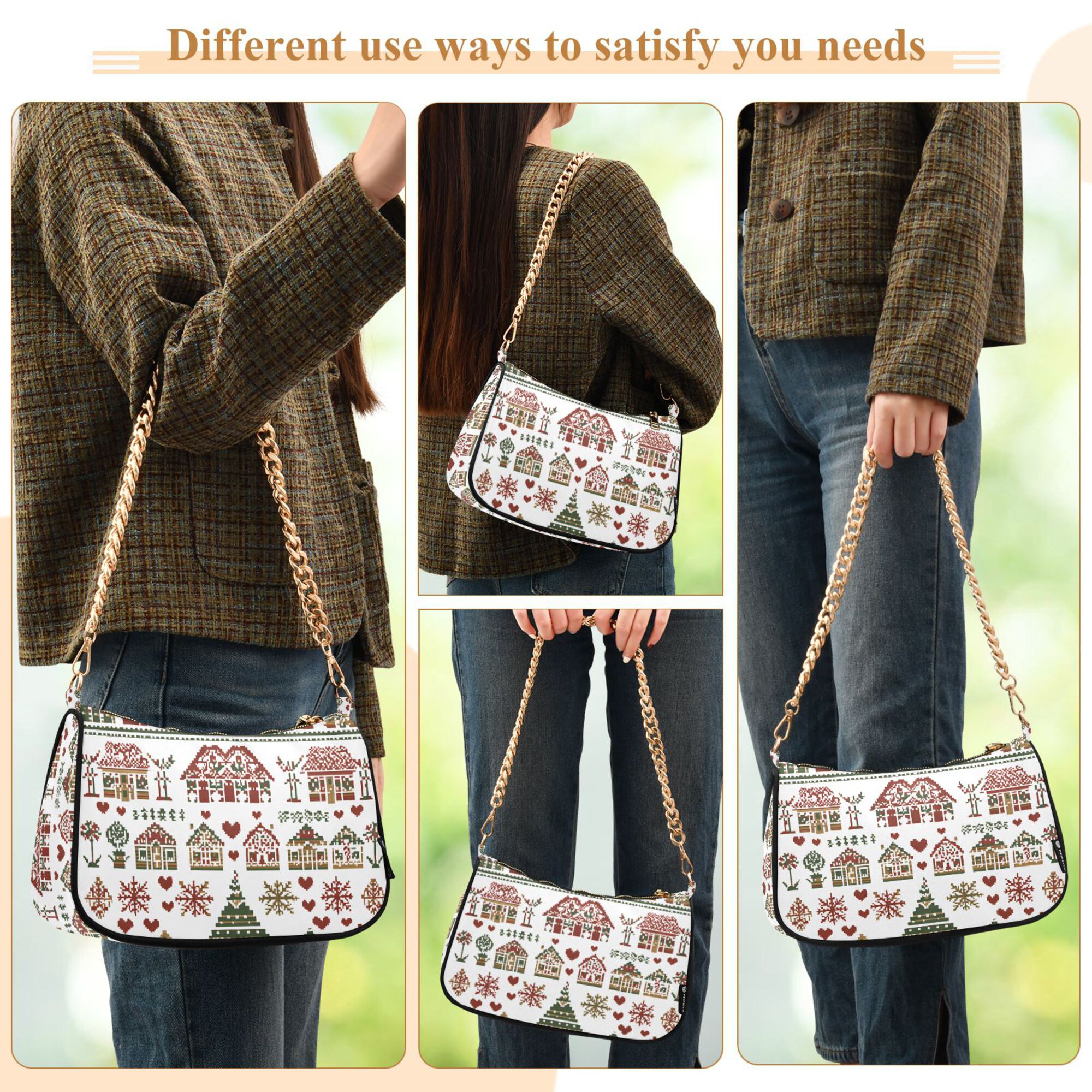 FORMRS Womens Shoulder Bag with Chain Strap Clutch Purse Cute Tote Handbag, Green Nordic Christmas House
