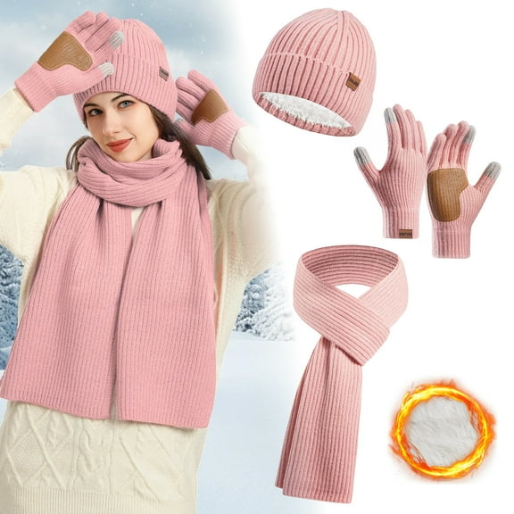 Square Winter Pink Hat Scarf Gloves Set for Women, Fleece Lined Knit Neck Warmer Touchscreen Gloves 3 in 1 Gift Set