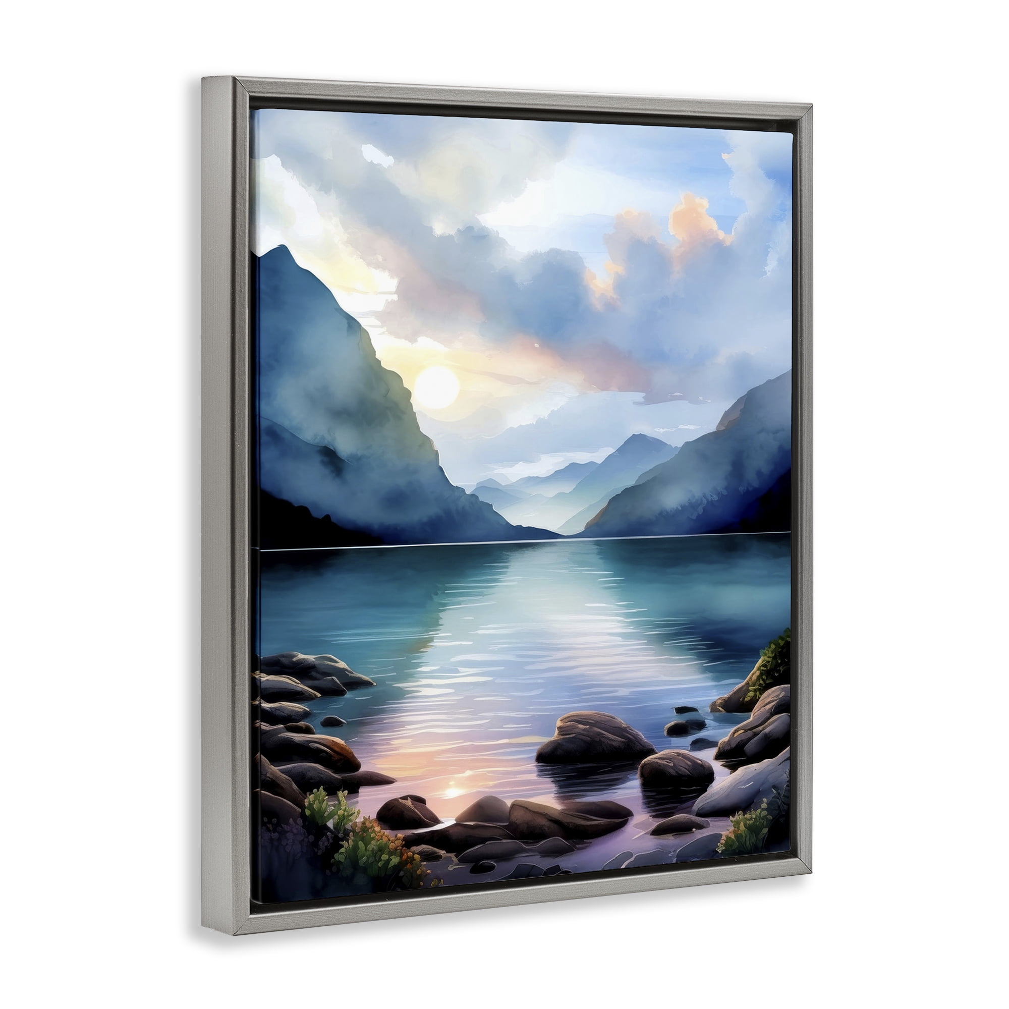 Stupell Industries Rocky Mountain Beach Landscape Painting Gray Floater Framed Art Print Wall Art, 25 x 31