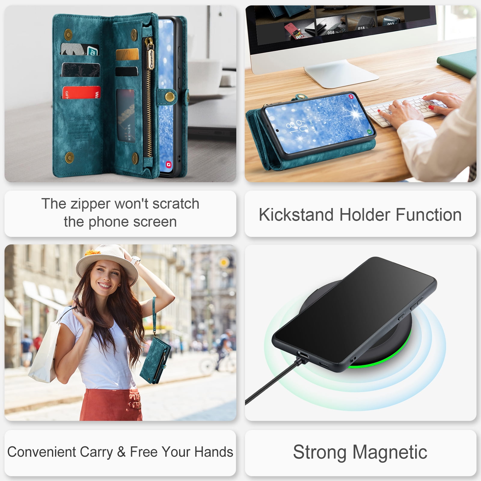 Allytech Magnetic Detachable Wallet Case for Samsung Galaxy A16 5G with Card Slots & Zipper Pocket, Support Wireless Charging, PU Leather Wrist Strap Shockproof Full Protection Flip Case, Green