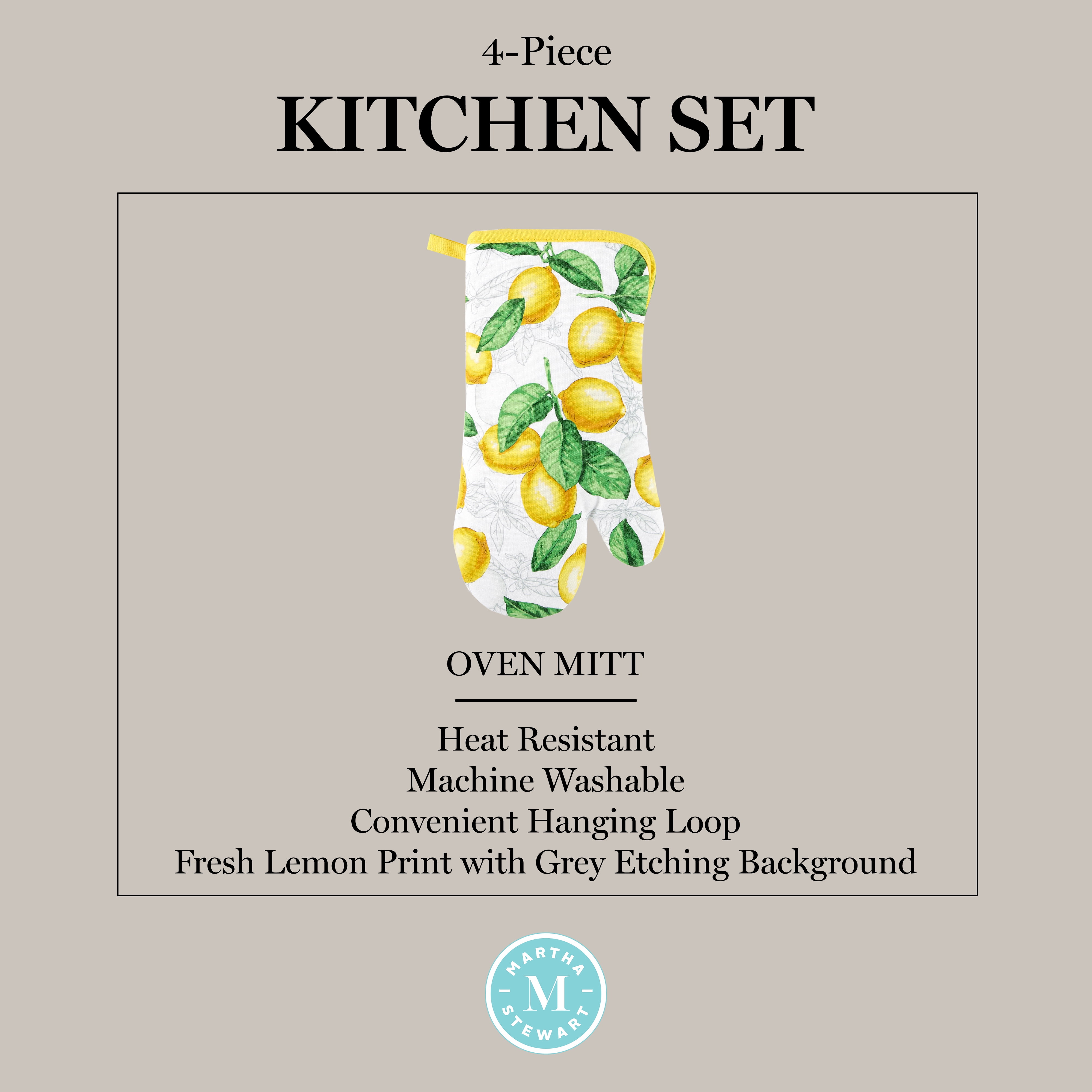 Martha Stewart Lots of Lemons Modern Kitchen Towel, Oven Mitt & Potholder Set 4-Pack, White-Yellow, 2KT: 16"x28", OM: 7"x13", PH: 7"x10"