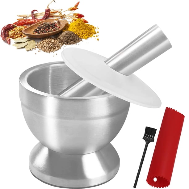 KEISSCO Juego de mortero y mortero de acero inoxidable, molinillo de especias, triturador de pastillas con tapa protectora de silicona, mortero resistente para molcajete, cuenco de hierbas, pesto en p