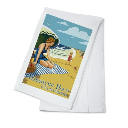 Mission Bay Beaches Mission Bay, California - Woman on the Beach - Lantern Press Poster (100% Cotton Kitchen Towel) ()