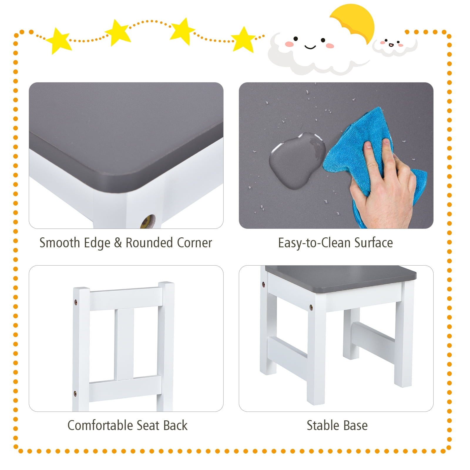 Infans 4 PCS Kids Wooden Activity Table & Chairs Set w/ Storage Bench Study Desk Grey