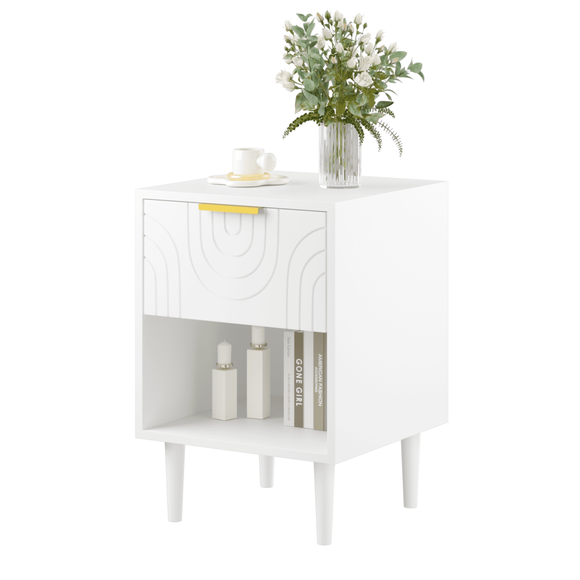 Modern White Nightstand with One Drawer and Open Shelf Ideal for Bedroom Decor