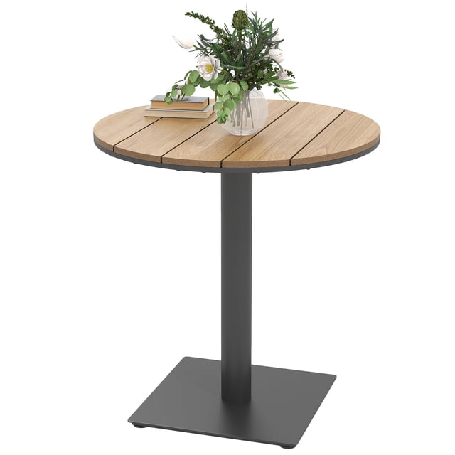 Table d'Appoint Ronde de 27,6 Pouces pour l'Extérieur, Table de Patio à Lattes avec Fini Bois Naturel et Cadre en Acier Résistant à la Rouille, Table Bistro Résistante aux Intempéries pour Jardin, Terrasse, Balcon et Cour Arrière
