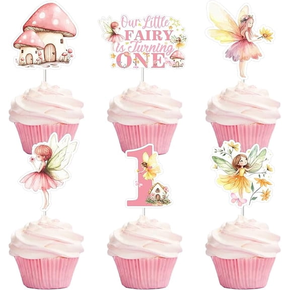36Pcs Fairy 1st Birthday Cupcake Toppers, Our Little Fairy Is Turning One Floral Garden Theme Cupcake Picks Cake Decorations First Bday Supplies for Girls