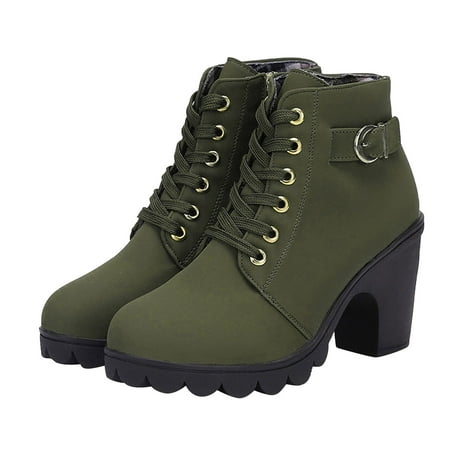 Patlollav Women Boots Retro Thick Heel High Heel Shoes Boots Plus Size Lace Up Boots