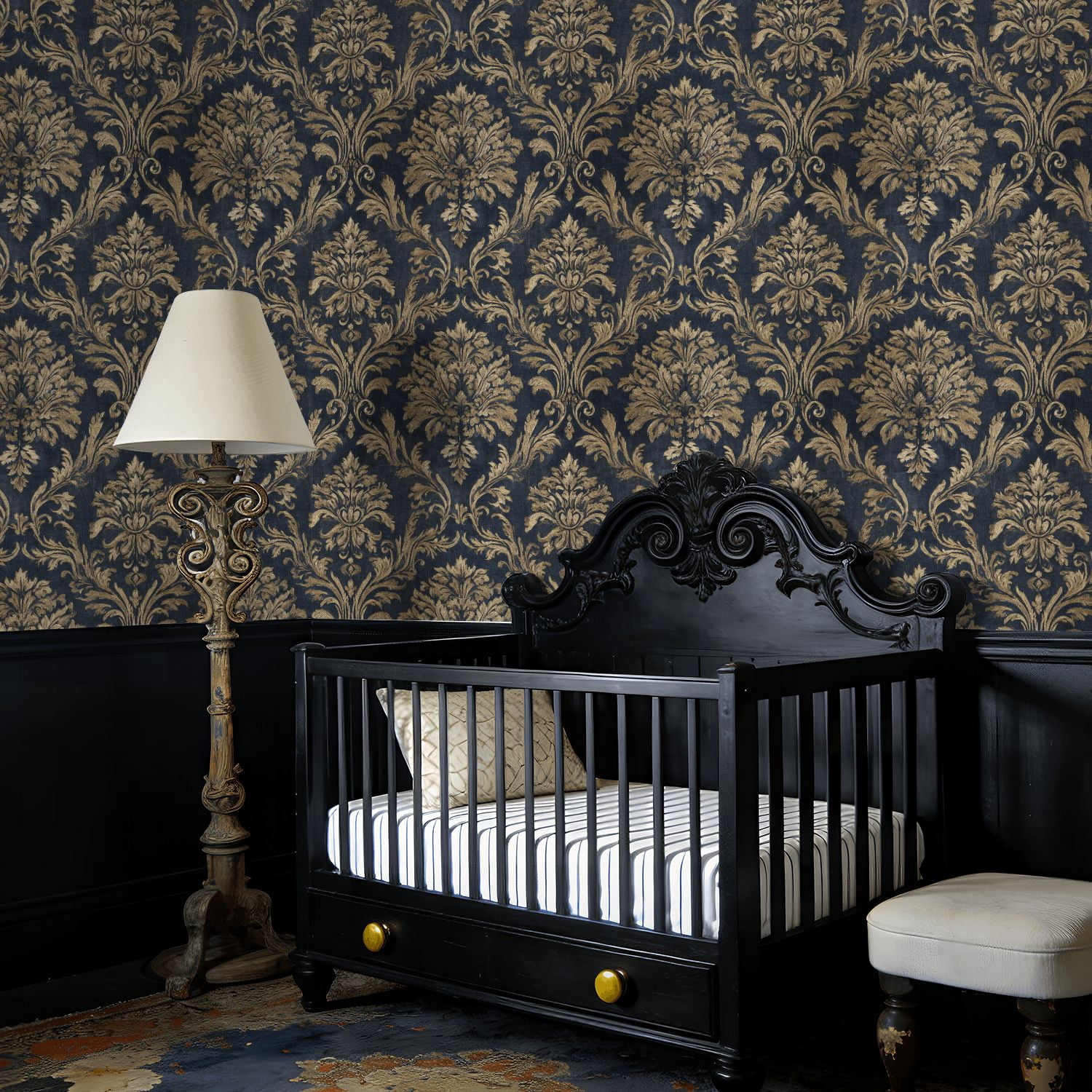 Baroque Peel and Stick Wallpaper Vintage Dark Damask Baroque Floral Gold Flourishes Wall Mural 23.6in x 9.8ft Self Adhesive Removable Wall Paper Renter Friendly Wallpaper for Bedroom Livingroom Men