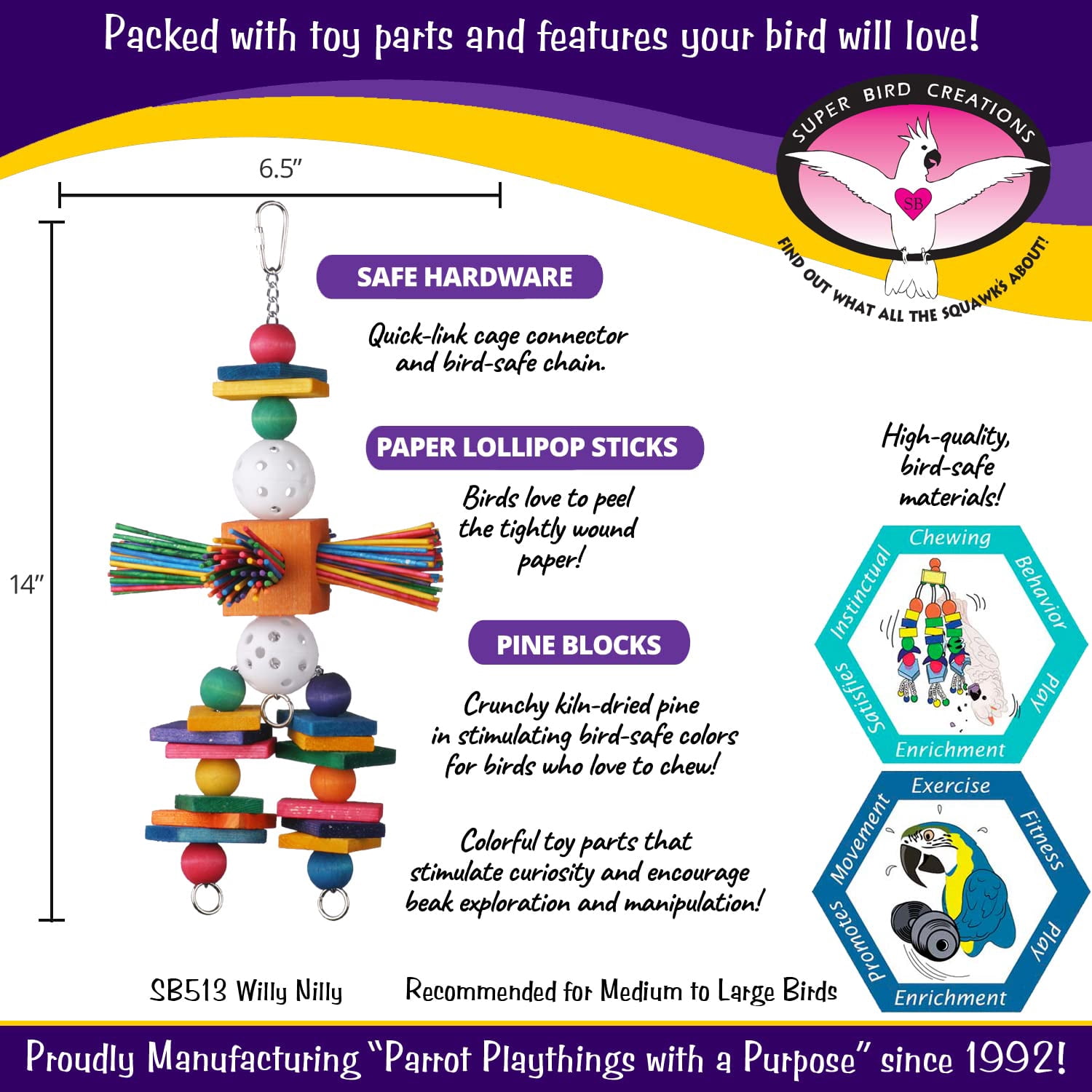 Super Bird Creations SB513 Willy Nilly Bird Toy - Enriching Parrot Toy for Large Birds, Medium Conure Toys, Bird Foraging Toys, Parrot Toys for Medium Birds, Medium/Large Bird Size, 14" x 6.5"