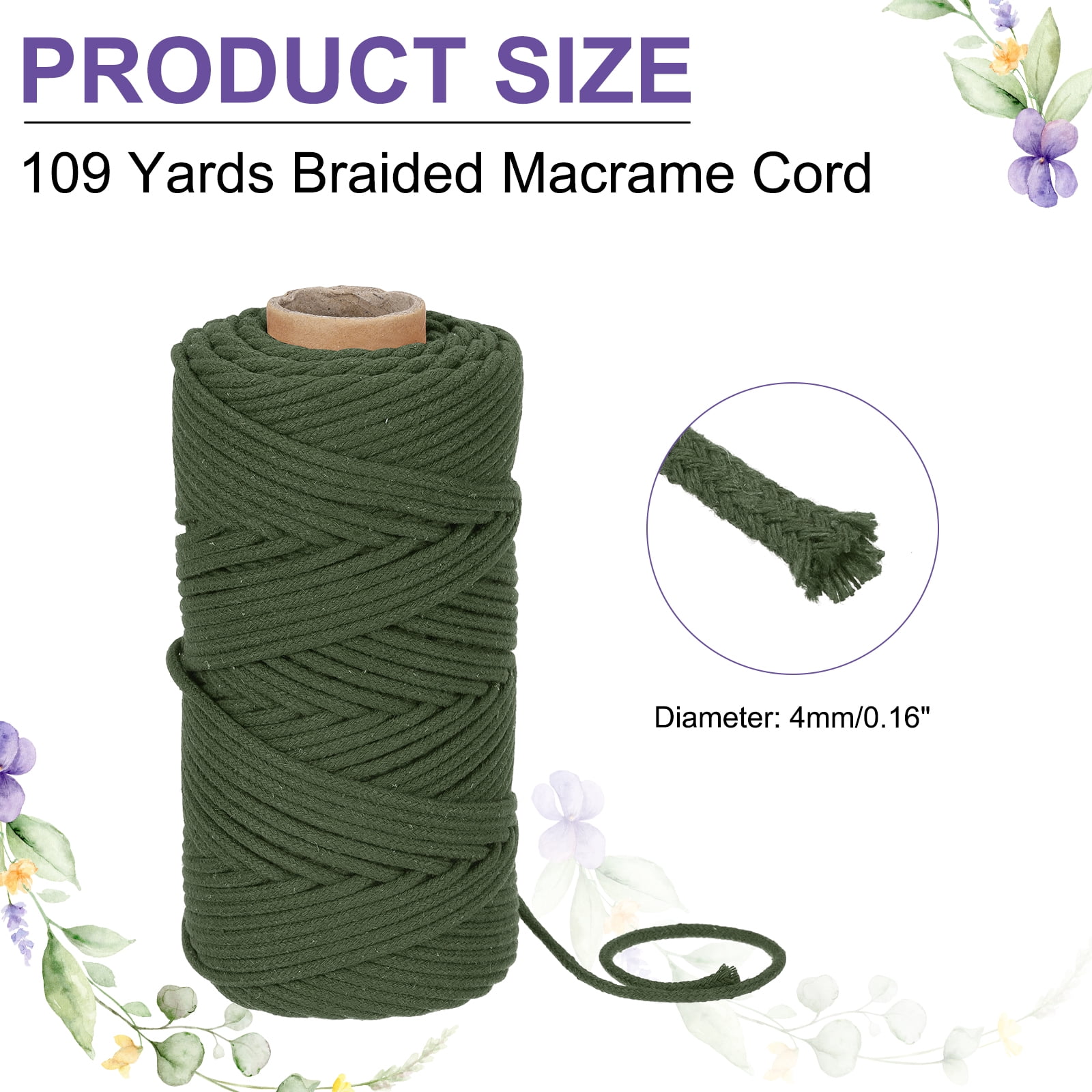 Braided Macrame Cord, 4mm x 109 Yards Natural Cotton Rope Macrame Yarn Bohemia Craft String with Scissors(Green)