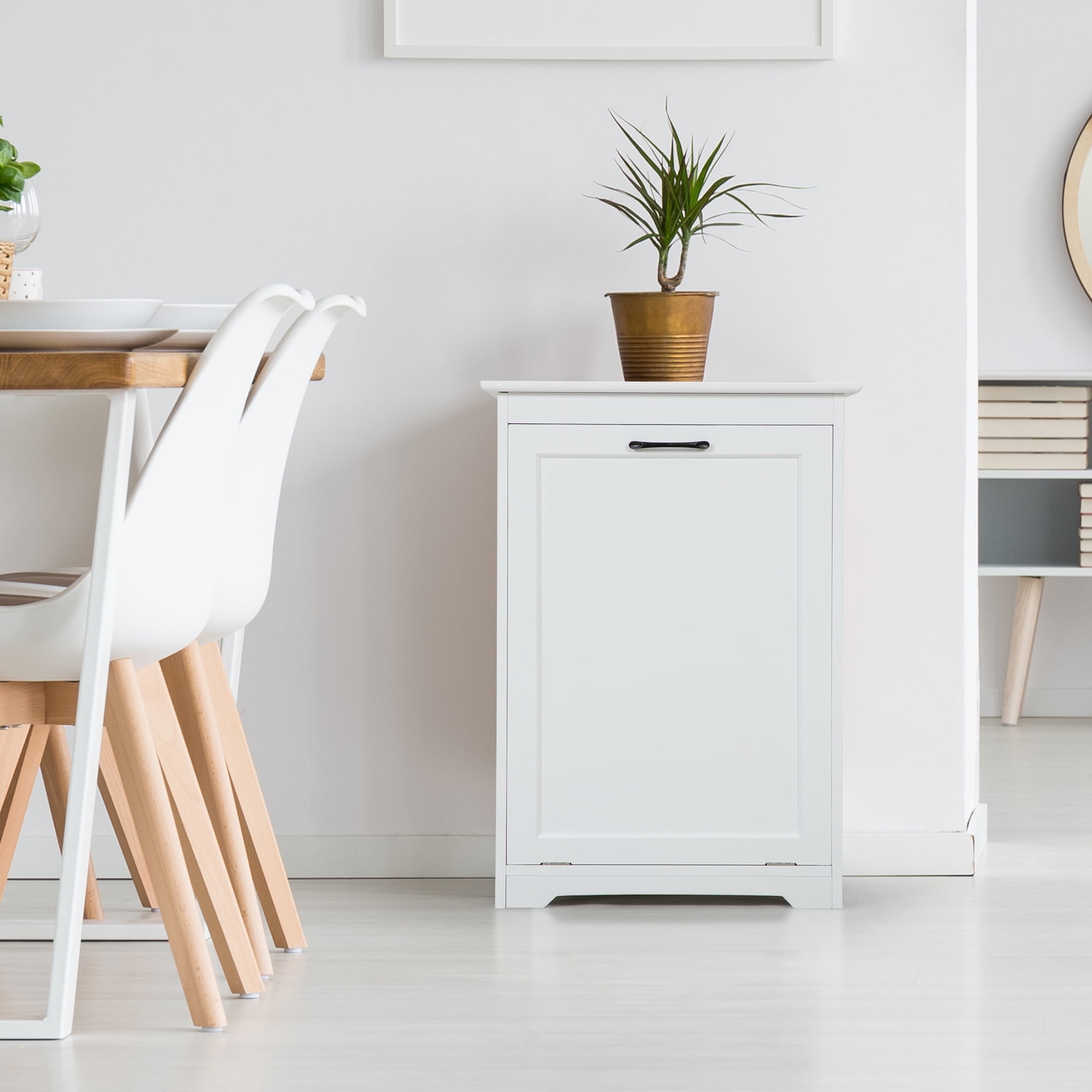 JAXPETY 10 Gallon Tilt Out Trash Cabinet Kitchen Free Standing Storage Can Holder Garbage Recycling Cabinet Wood, White