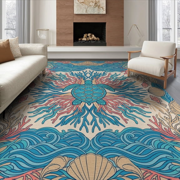 ODIKA 8'x10' Washable Area Rug Non-Shedding, Easy Care, Coral Center Map Ocean Compass Border Vintage Turtle Nautical Reef Playful for King Size Bedroom Under Bed, Master Suite