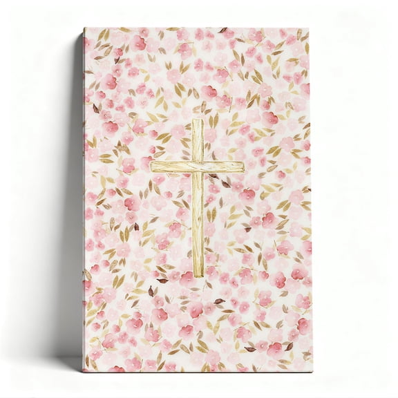Pink Floral Gold Cross Canvas Wall Art, Watercolor Christian Decor, Feminine Religious Artwork for Bedroom Prayer Room, Ready to Hang 8x12/12x18/16x24/24x36