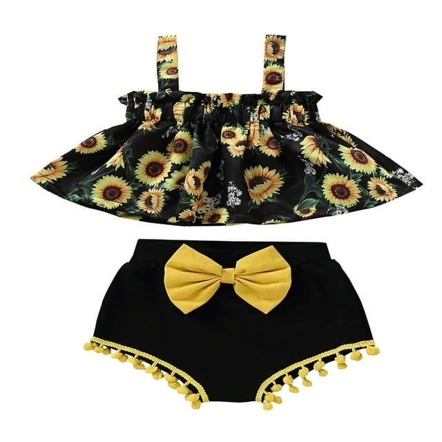Baby Girls Ruffle Sunflower Halter Crop Top Solid Tassels Shorts Summer Outfits