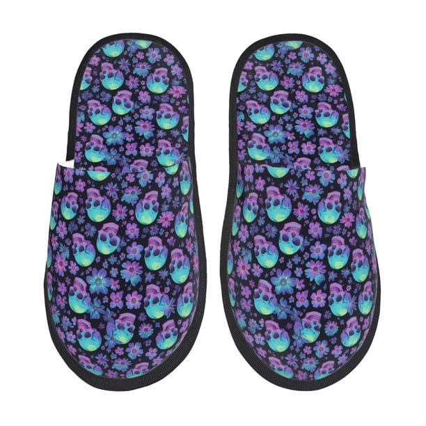 Fotbe Skull daisy Gradient Pantuflas Peludas para Mujer con Estampado, Zapatillas de Peluche, Zapatos de Invierno para Casa, Uso Interior y Exterior-Medium