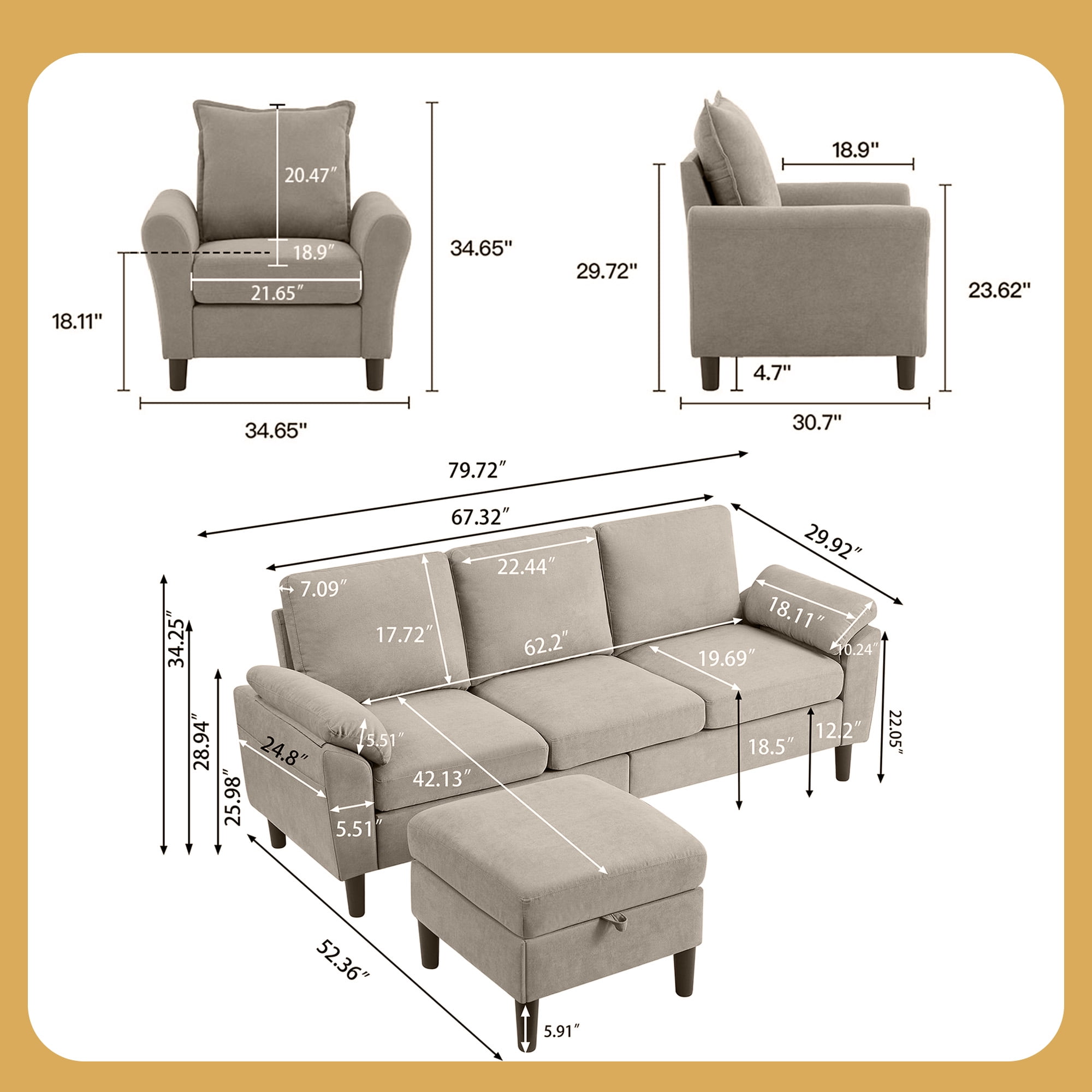 Soscana Living Room Sectional Sofa Accent Chair,L Shaped 3 Seat Couch with Storage Ottoman and Side Pockets,Single Armchair,Tool Free Assembly