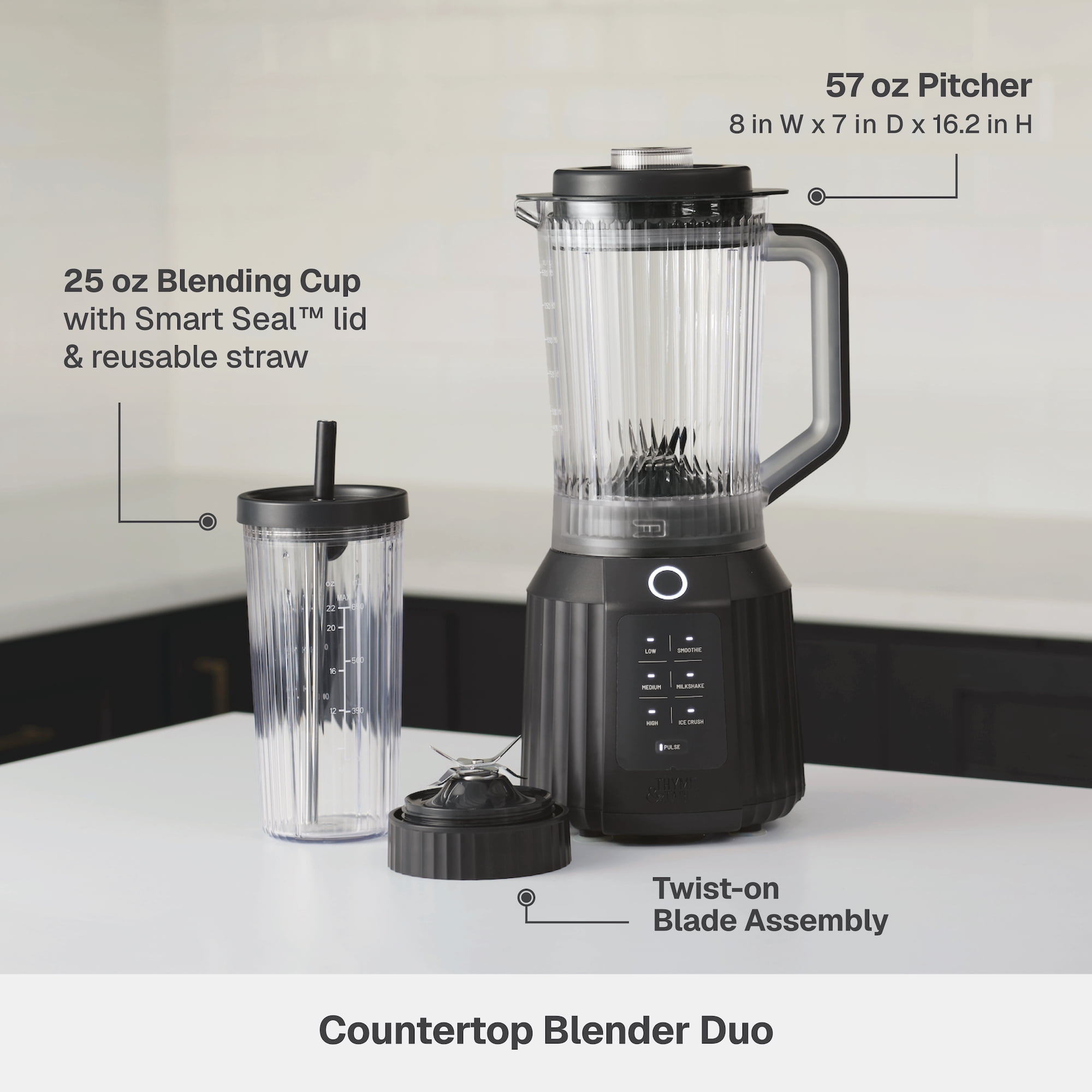 Thyme & Table Countertop Blender Duo, 1100W, 57oz Tritan Pitcher, 6-Point Stainless Steel Blade, 25oz To-Go Cup with Smart Seal™ Lid and Straw, Slate Grey