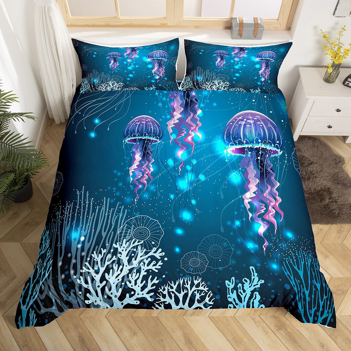 Cute Jellyfish Bedding Sets Queen Glowing Animal Comforter Cover for