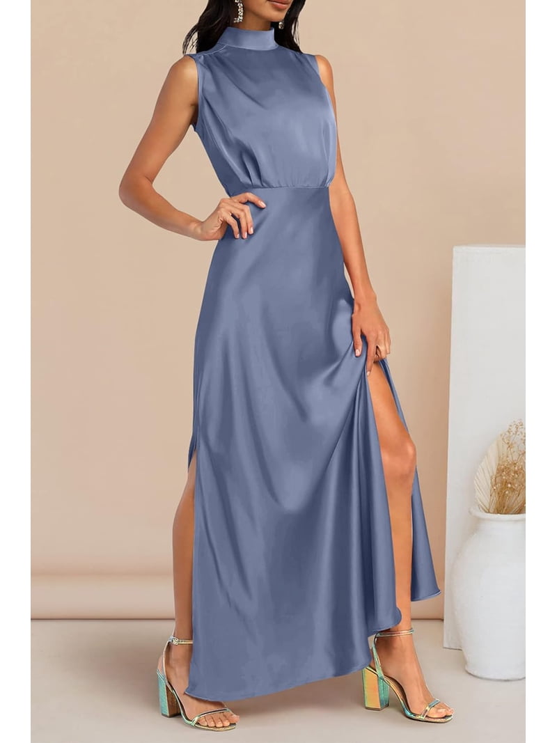 Women's Long Formal Satin Dress Mock Neck Sleeveless Side Slit Flowy Maxi  Tank Dresses - Walmart.com