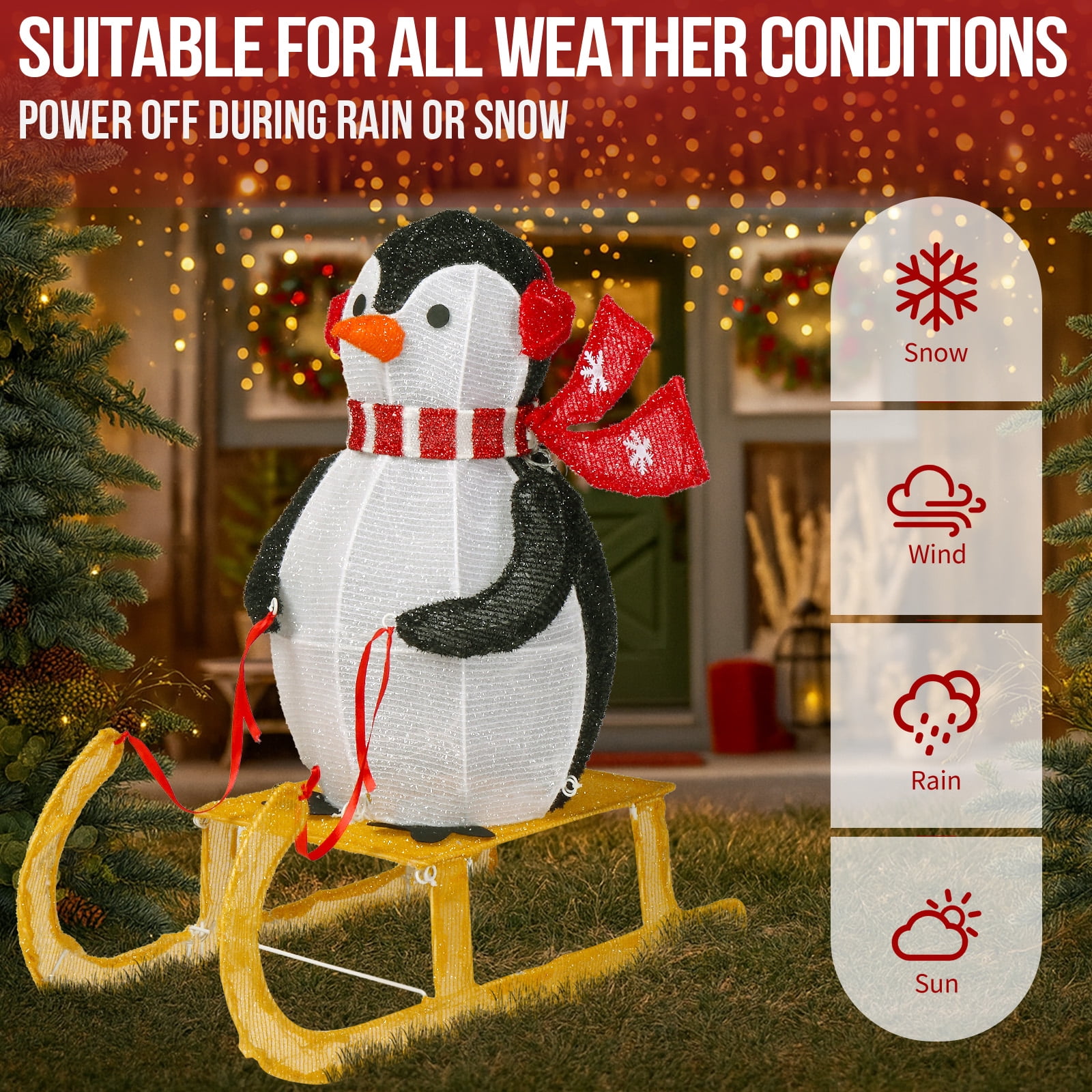 Astoutdoor Lighted Penguin Riding Sleigh Christmas Decoration, Pre-Lit with 130 Warm White LED Lights, Indoor Outdoor Holiday Display, White