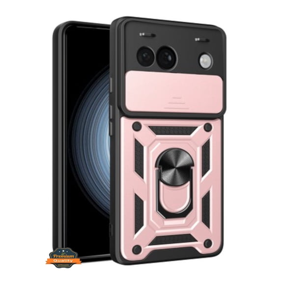 For Google Pixel 9A Hybrid Shockproof, Built-in Sliding Camera Lens Protection with Magnetic Finger Ring Stand Holder Phone Case Cover by Xpression, Rose Gold