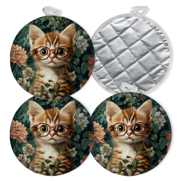 4 PCS Pot Holders for Kitchen,Potholders Sets with Hook for Oven,Cooking,Baking,Vintage - Floral Background Feline Portrait