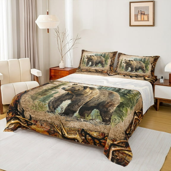 Castle Fairy Wildlife Bear 3pcs Twin Sheet Sets,Jungle Animal Twin Fitted Sheet,Tree Branches Breathable Flat Sheet,Lightweight Rustic Room Decor