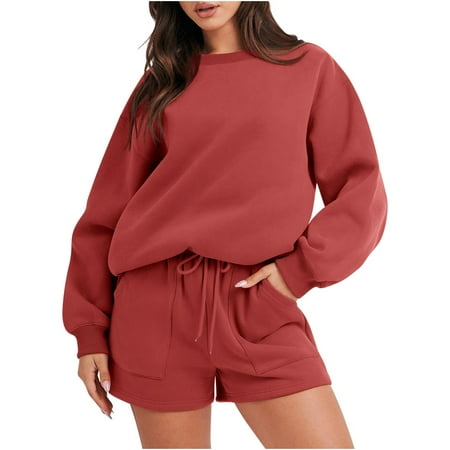 JGGSPWM Women s Sweatsuit Casual Long Sleeve Solid Color Knit Pullover and Drawstring Short with Pocket Sweater Outfits Sets Red XXXL